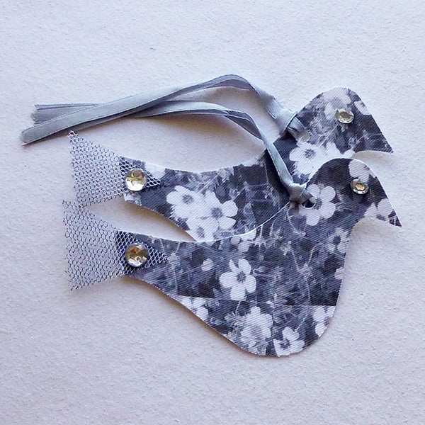 Gift tags, birds, flowers, silver grey & white