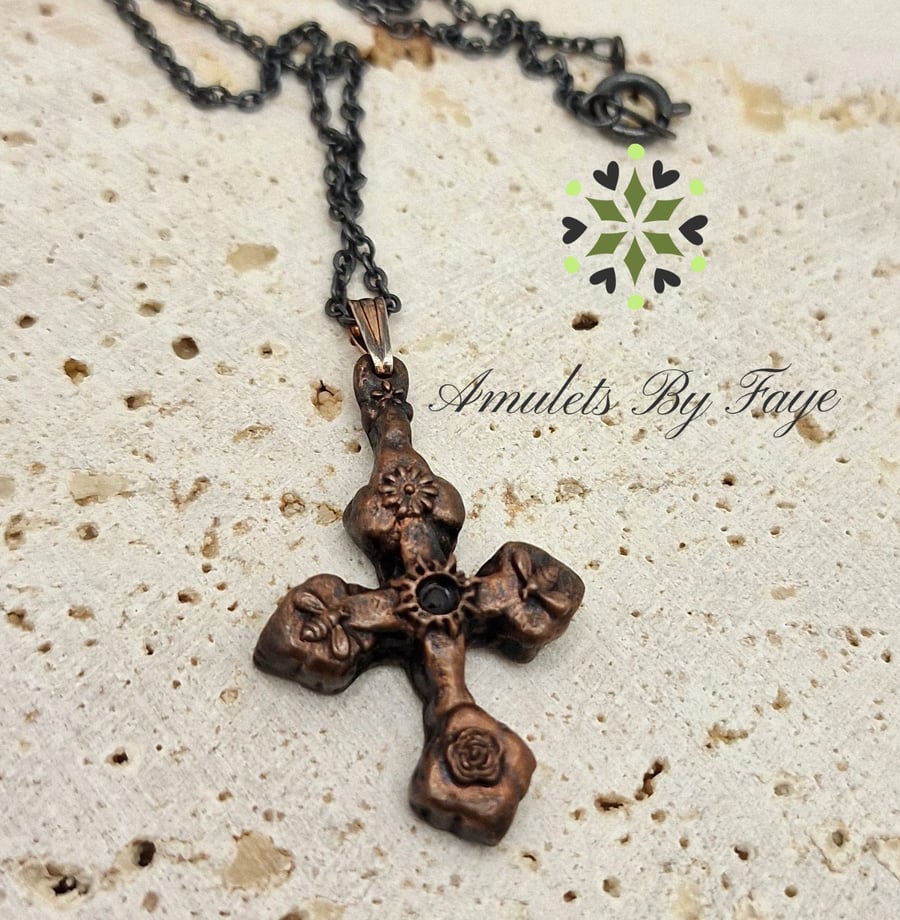 Recycled Copper Cross with Bees, Flowers and Sun Pendant, Garnet Gem Necklace.