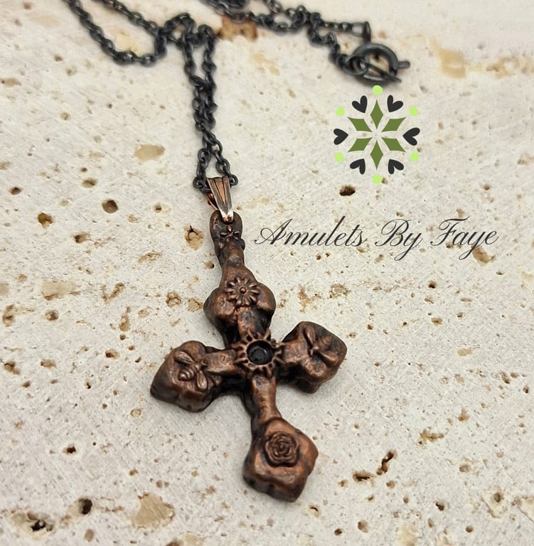 Recycled Copper Cross with Bees, Flowers and Sun Pendant, Garnet Gem Necklace.