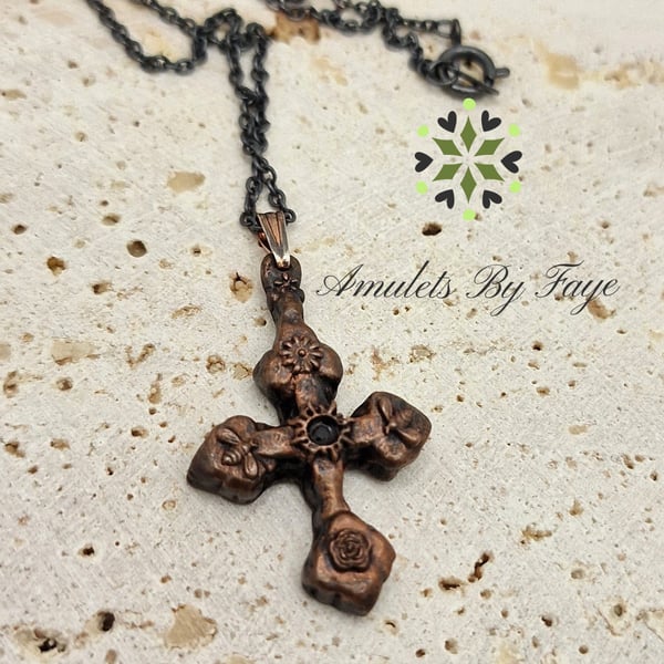 Recycled Copper Cross with Bees, Flowers and Sun Pendant, Garnet Gem Necklace.