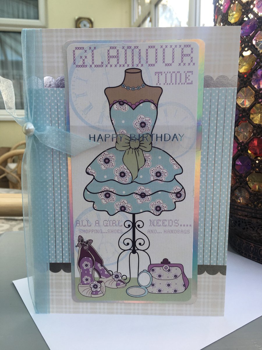 Dressmakers mannequin frilly dress Glamour time birthday card.