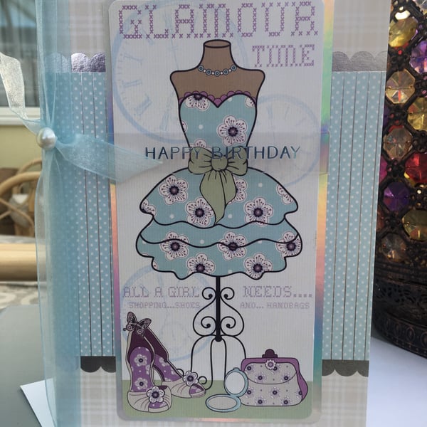 Dressmakers mannequin frilly dress Glamour time birthday card.