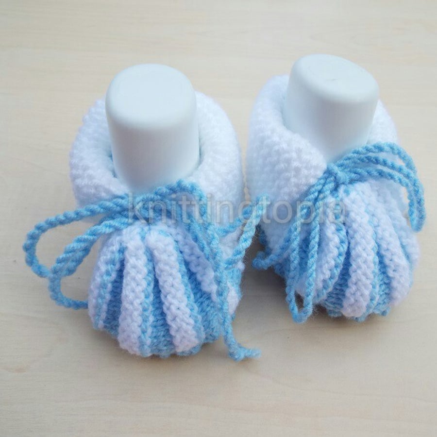 Hand knitted stripe blue and white baby booties 0 - 3 months