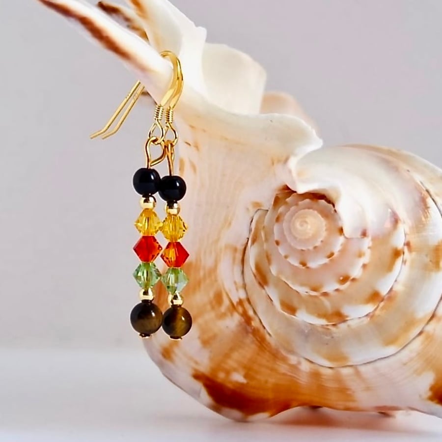 Swarovski Crystal Earrings with Tiger's-eye and Onyx - Seconds Sunday