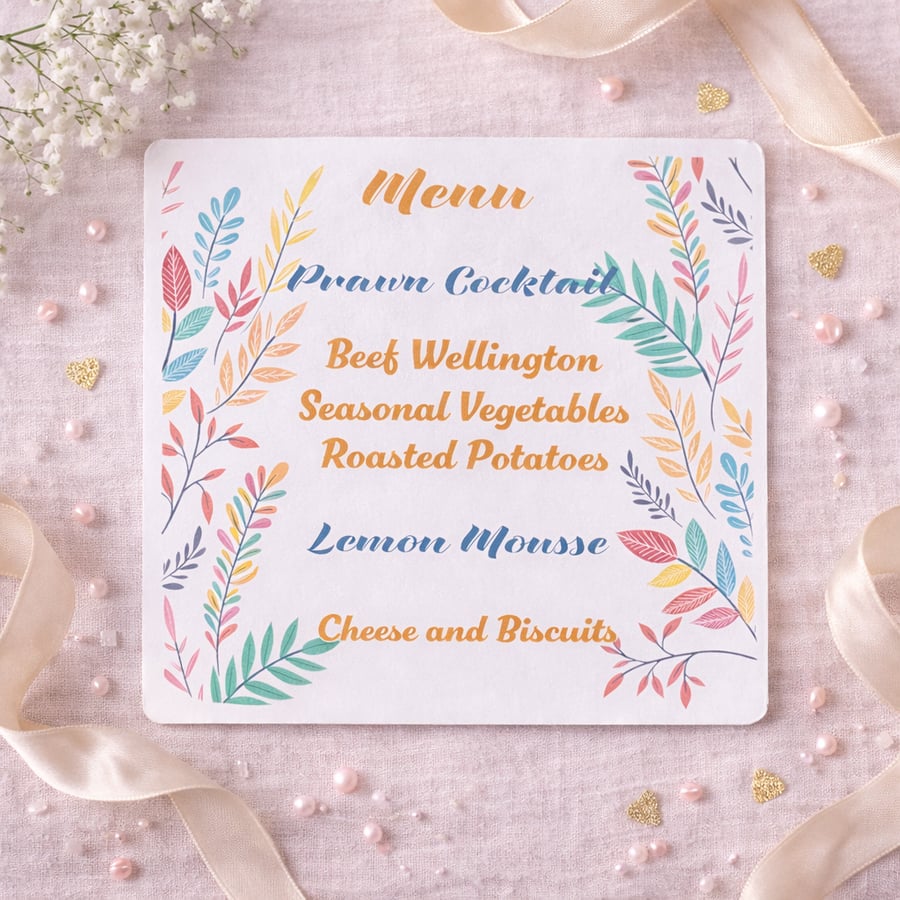 Pastel Leaf Wedding Menu Card. Botanical Wedding Menu 