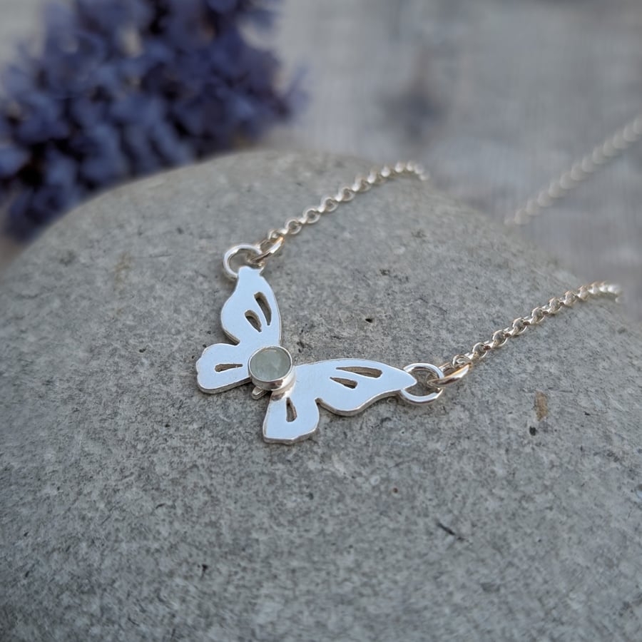 Sterling Silver Butterfly Necklace with Aquamarine - JBJ2060