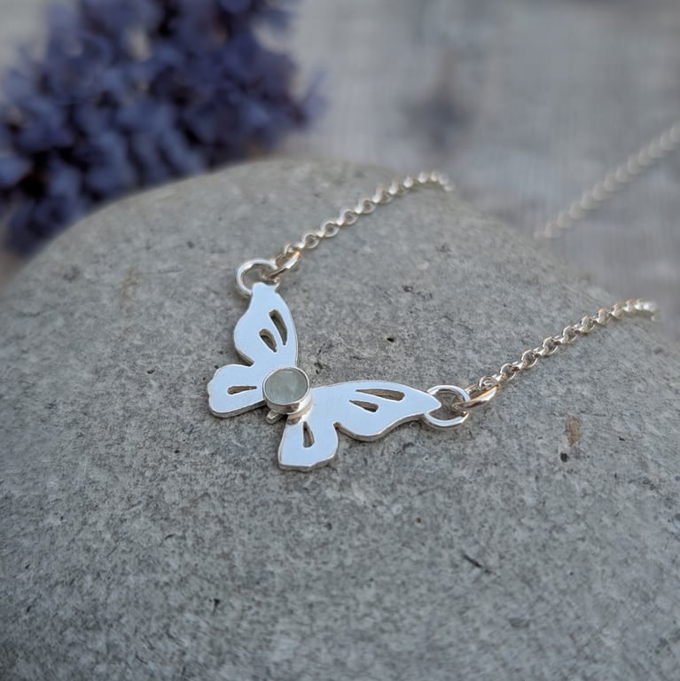 Sterling Silver Butterfly Necklace with Aquamarine - JBJ2060
