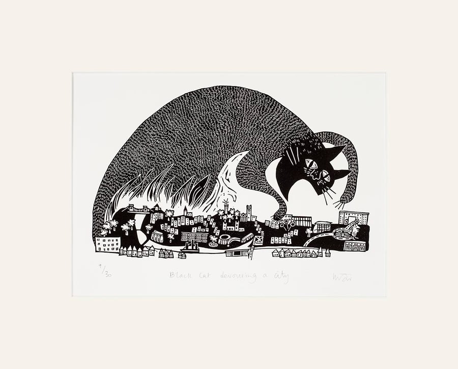 Black cat devouring a city - lino print 