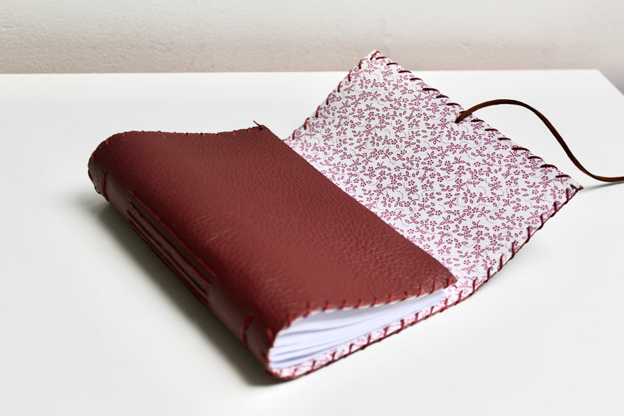 A6 Fold Over Red Leather handmade notebook floral fabric lining plain paper 