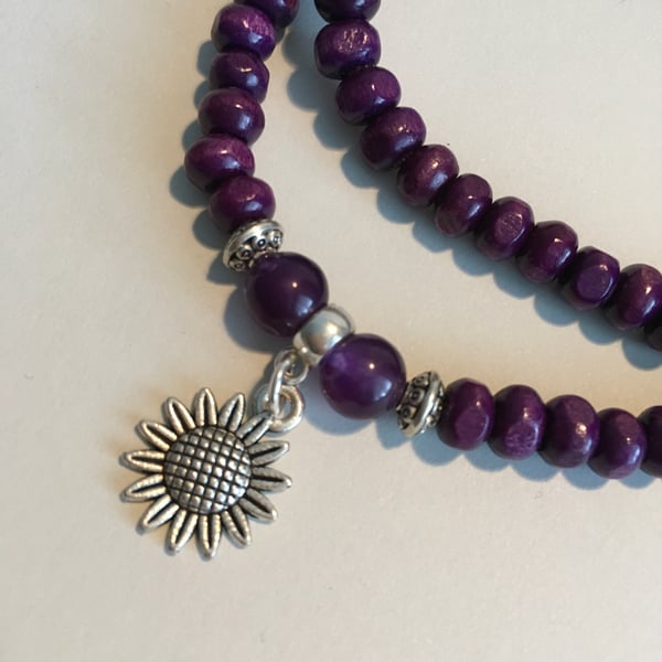 Necklace, 15”, purple, agate, silver coloured alloy beads and sunflower. 