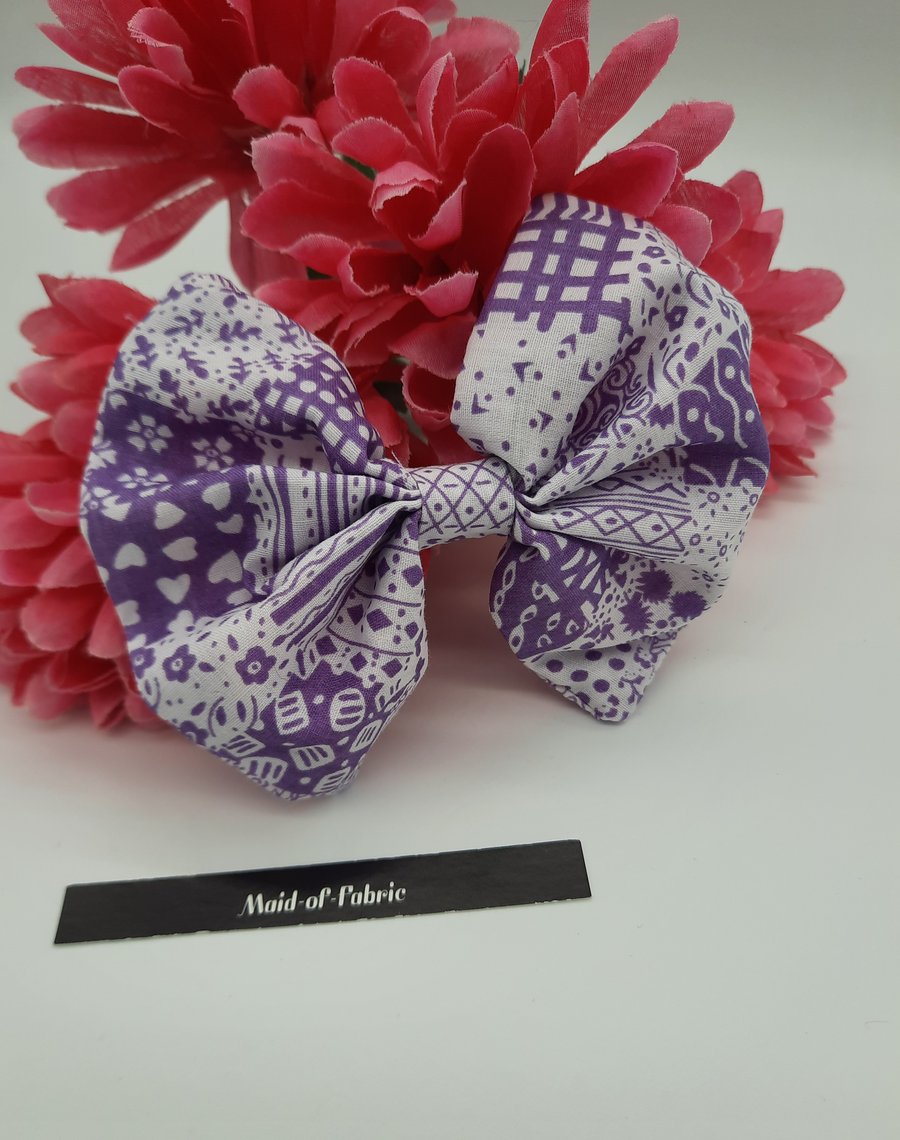 Hair bow slide clip in purple and white patterned fabric. 3 for 2 offer.  
