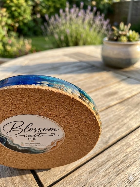 Large 10cm Resin Beach Coaster with Real Pebbles and Cork Backing