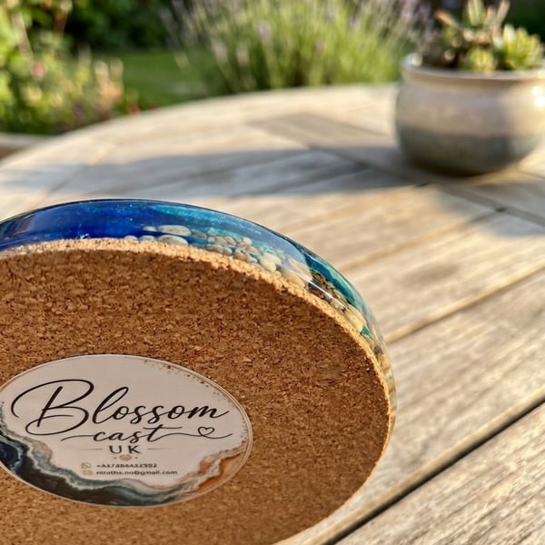 Large 10cm Resin Beach Coaster with Real Pebbles and Cork Backing