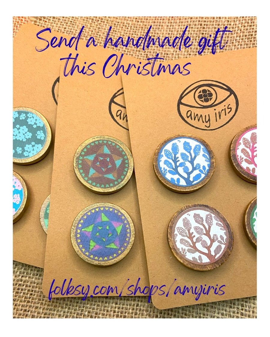 Handmade Wooden Kitchen Magnets with cosy hearts Christmas gift (four pack)