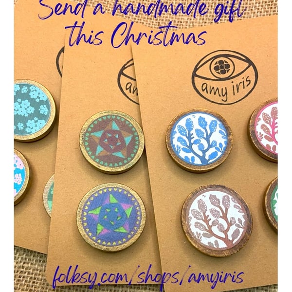 Handmade Wooden Kitchen Magnets with cosy hearts Christmas gift (four pack)