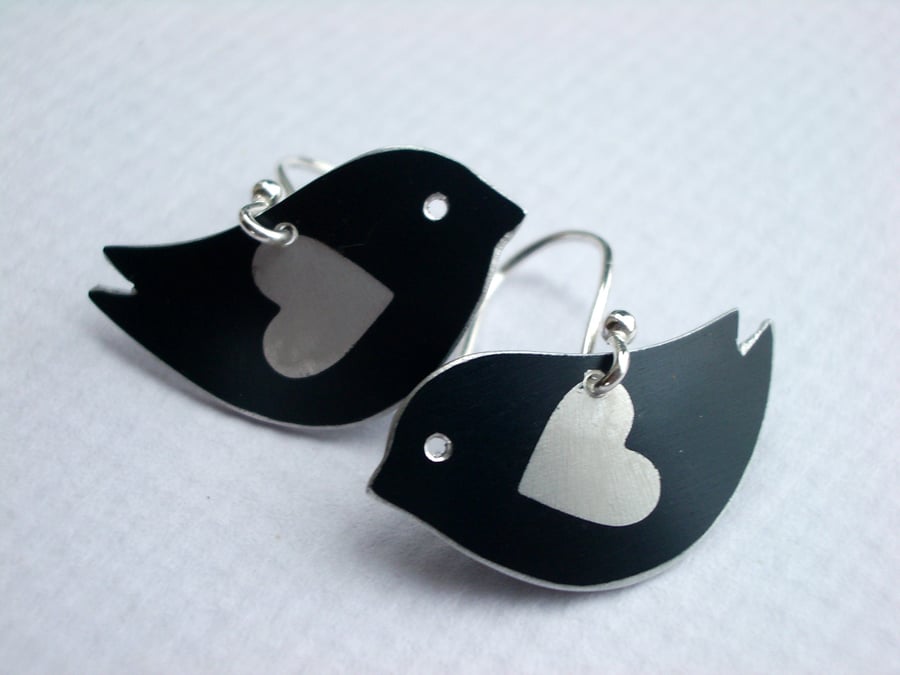 Black love bird earrings with silver heart wings