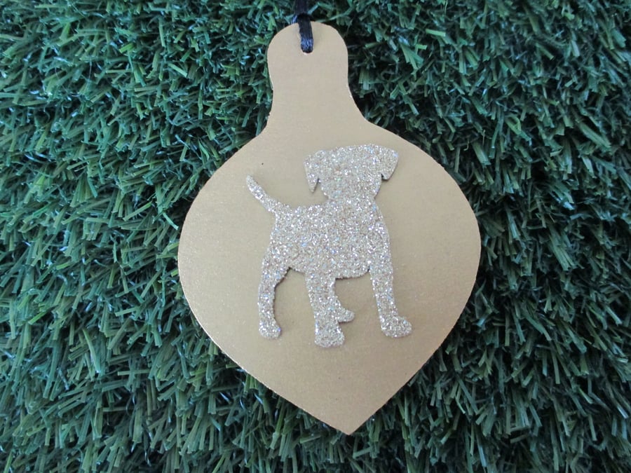 Pupy Dog Christmas Tree Bauble Hanging Decoration Gold Glitter Twinkly 