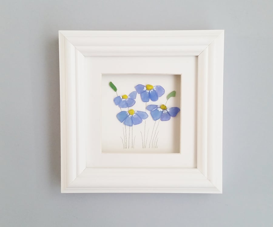 Sea Glass Art Blue Flowers, Forget Me Nots, Unusual Gifts for Women