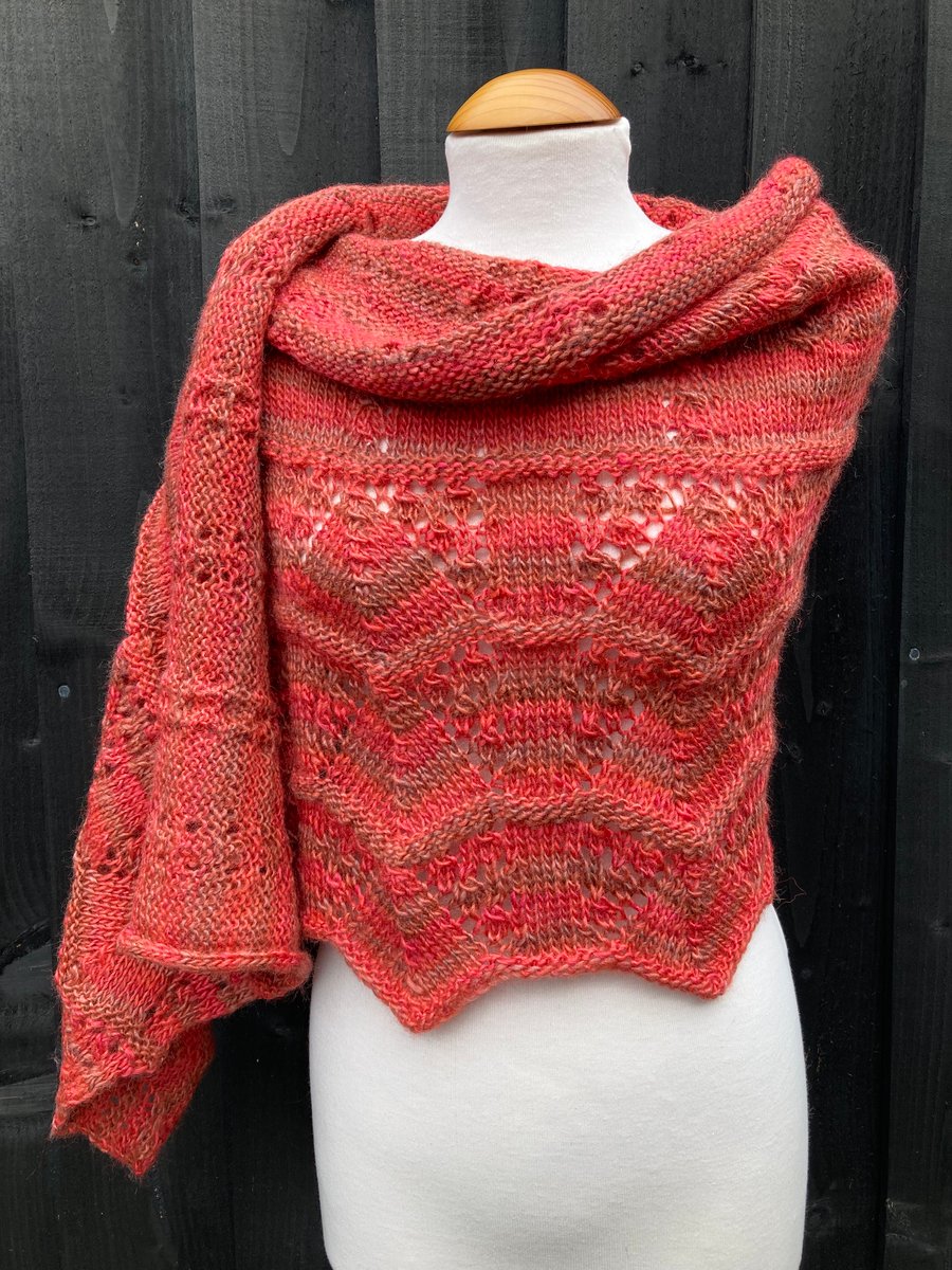 Handknitted Lace Shawl in Salmon oranges and pinks