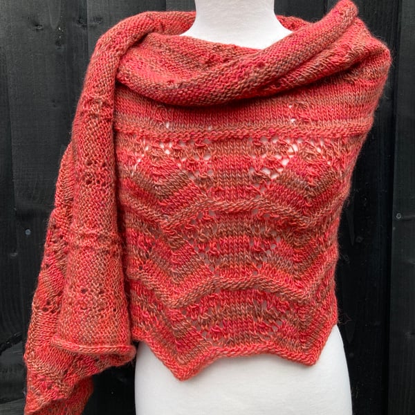 Handknitted Lace Shawl in Salmon oranges and pinks