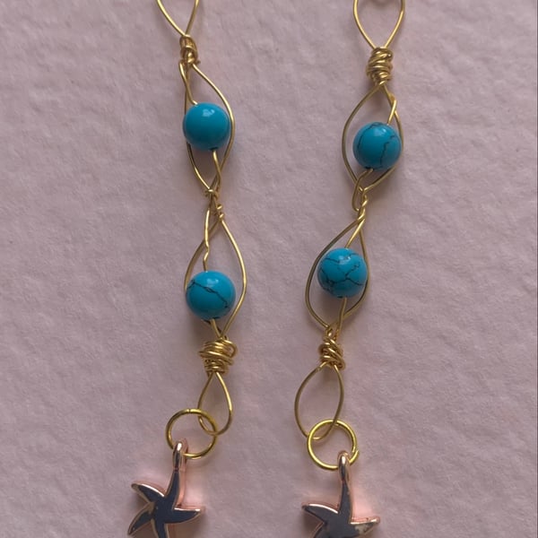 Beautiful turquoise agate wrapped earrings. Rose gold and gold. Unique gift