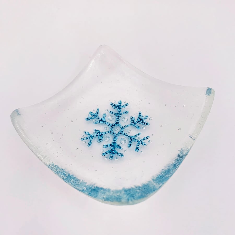 Fused Glass Bubby Snowflake Trinket Dish - Handmade Glass Dish