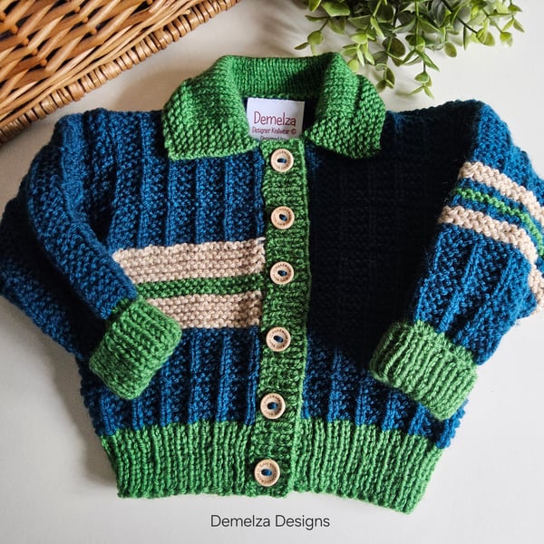Designer Hand Knitted Baby Boys Cardigan Size 3-9 months size