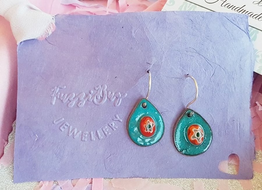 Copper and Teal Enamel Teardrop Earrings