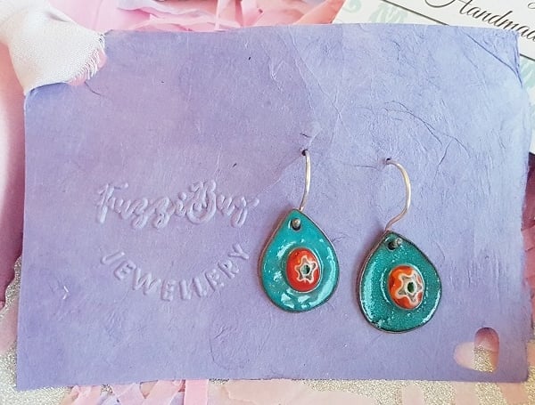 Copper and Teal Enamel Teardrop Earrings