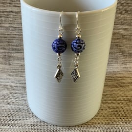 Denim Blue Rustic Earrings With Diamond Metal Charm.