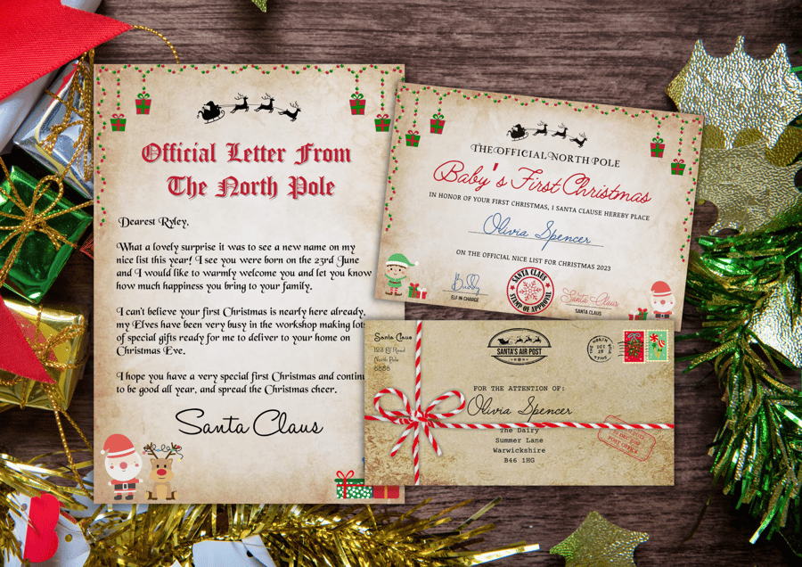 Personalised Santa Letter, Nice Certificate & Envelope Baby's First Christmas