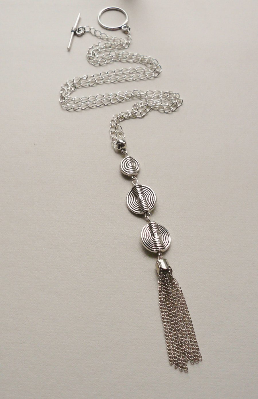 Tibetan Silver Disc Trio and Tassell Necklace   KCJ1508