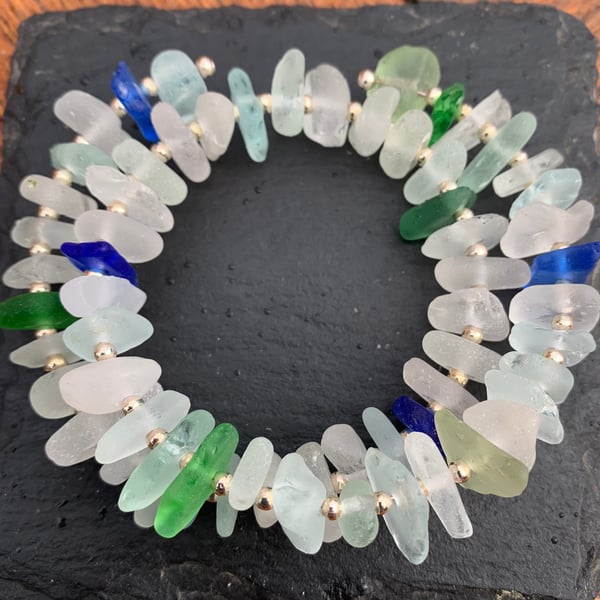 Seaglass & silver plate bead memory bracelet