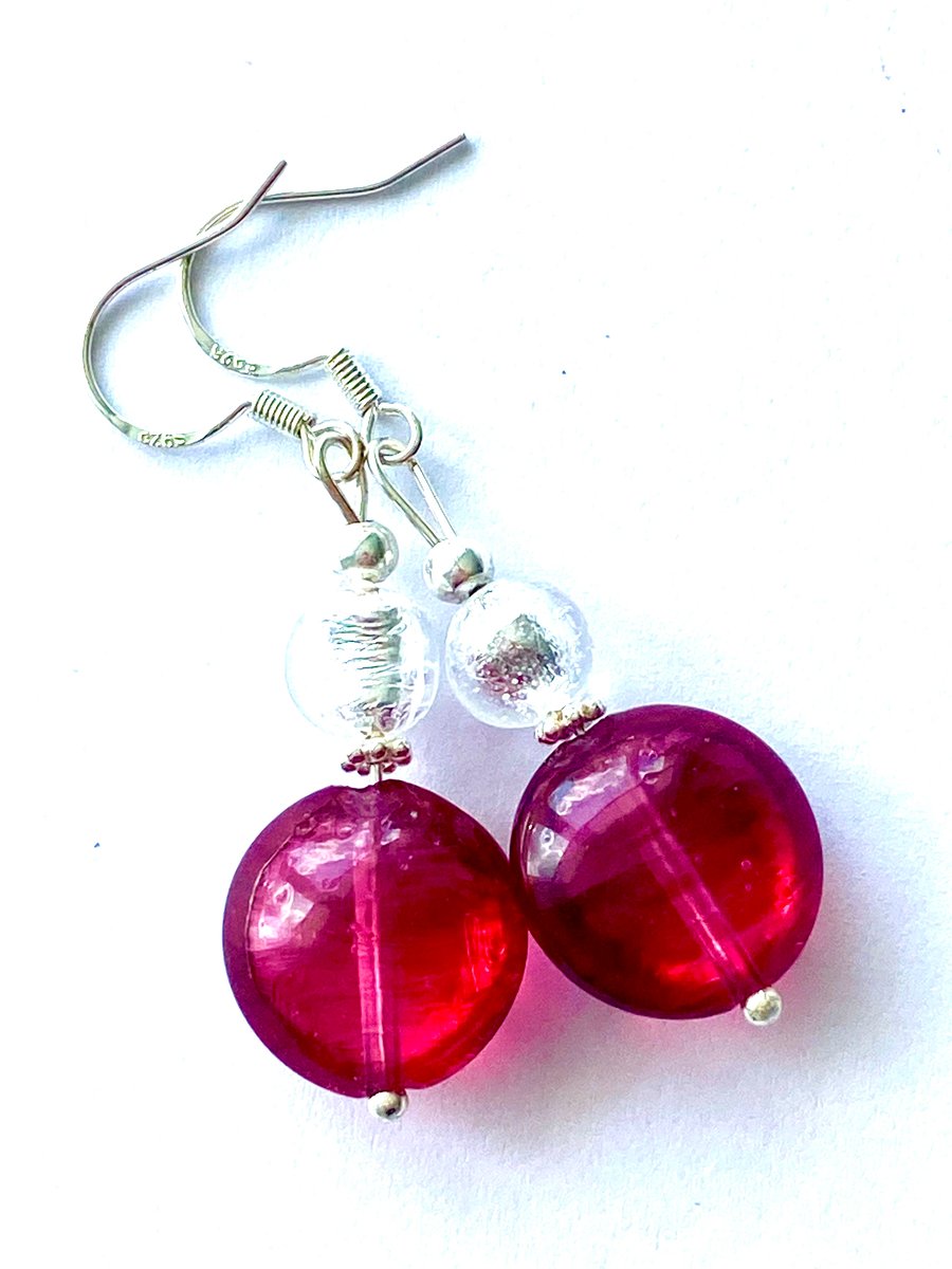 Murano glass red earrings with sterling silver.