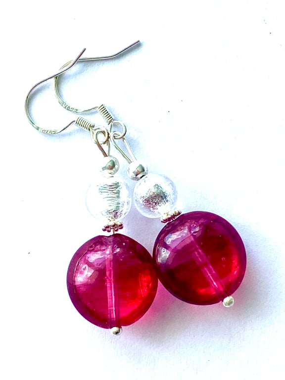 Murano glass red earrings with sterling silver.