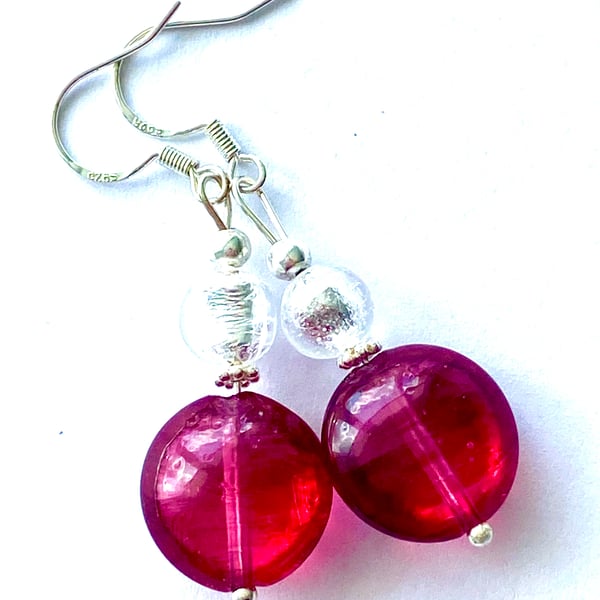 Murano glass red earrings with sterling silver.