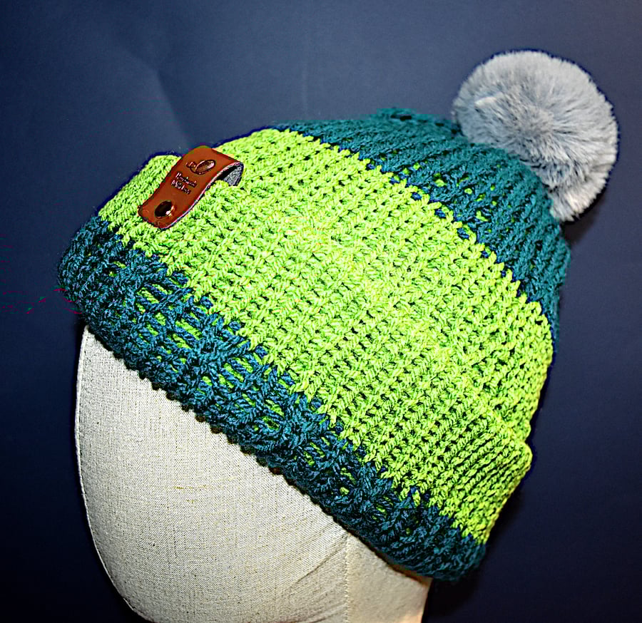 Handcrafted Hat with Faux Rabbit Fur Pompom 2 Toned Green Coloured
