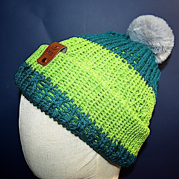 Handcrafted Hat Seconds with Faux Rabbit Fur Pompom 2 Toned Green Coloured