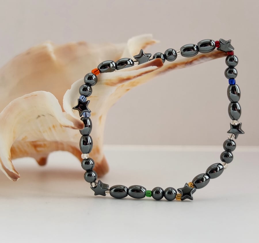 Hematite Stars and Bead Bracelet With Glints of Coloured Glass - Seconds Sunday