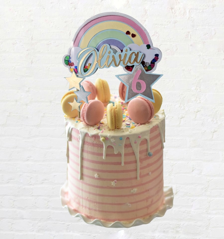 Pastel, Rainbow, Sequin Shaker, Cake, Topper, Personalised, Name, Age