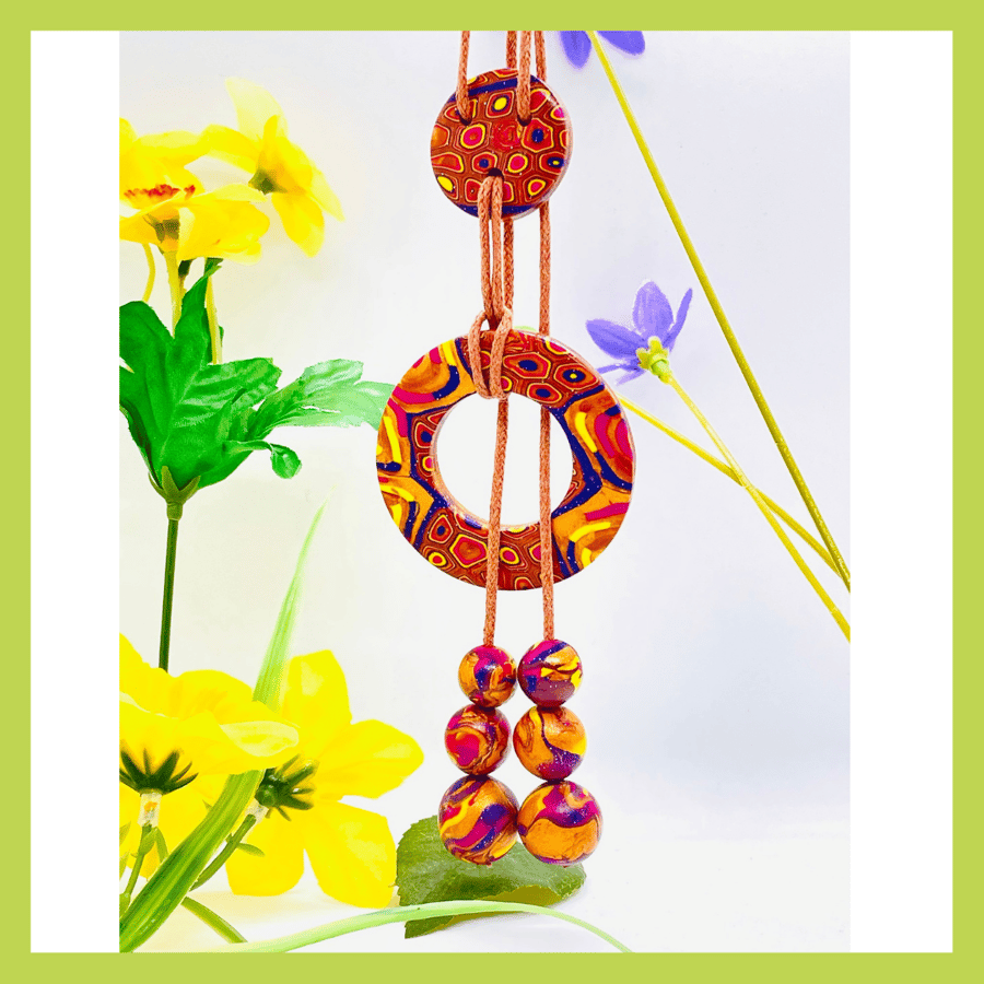 Gold, Hot Pink, Glitter Purple & Yellow Polymer Clay Lariat Necklace