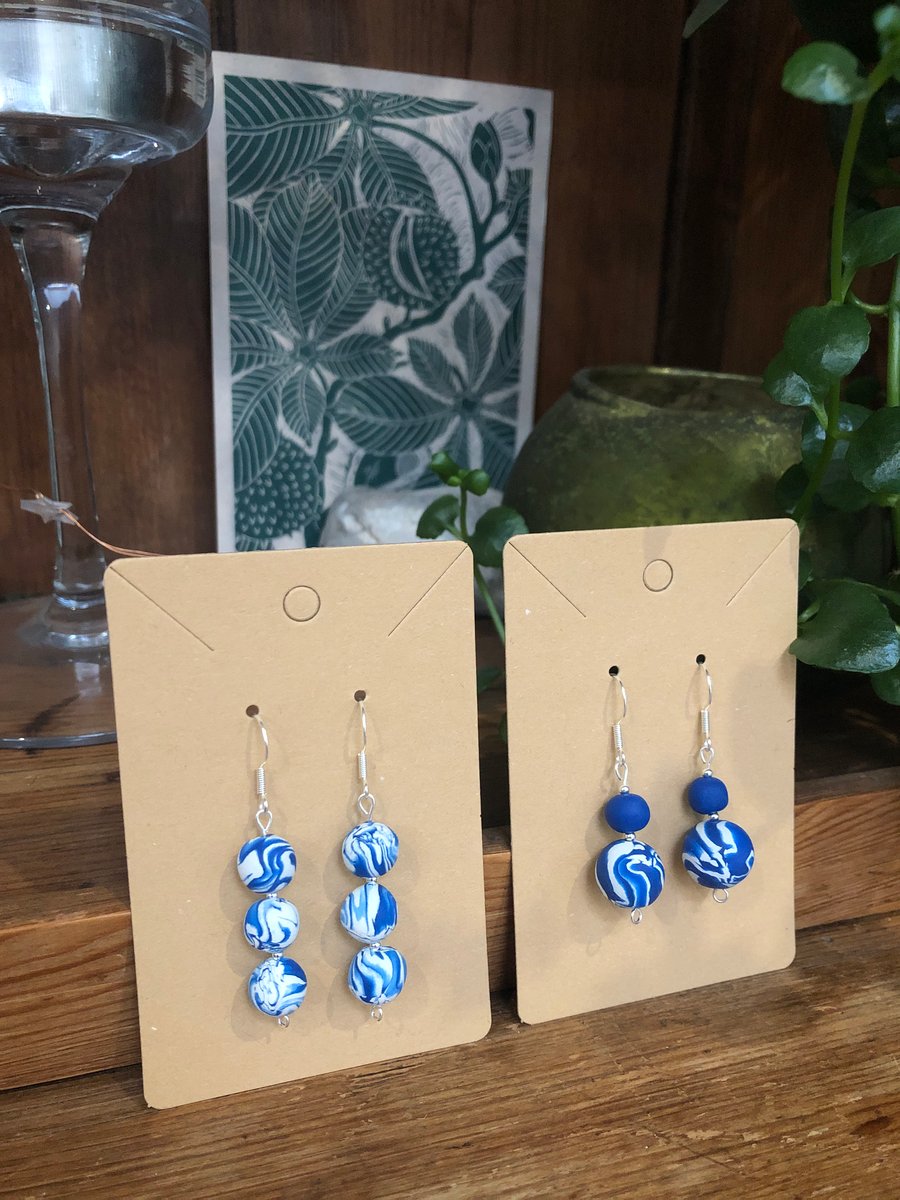 Polymer Clay White and Blue Spiral Earrings