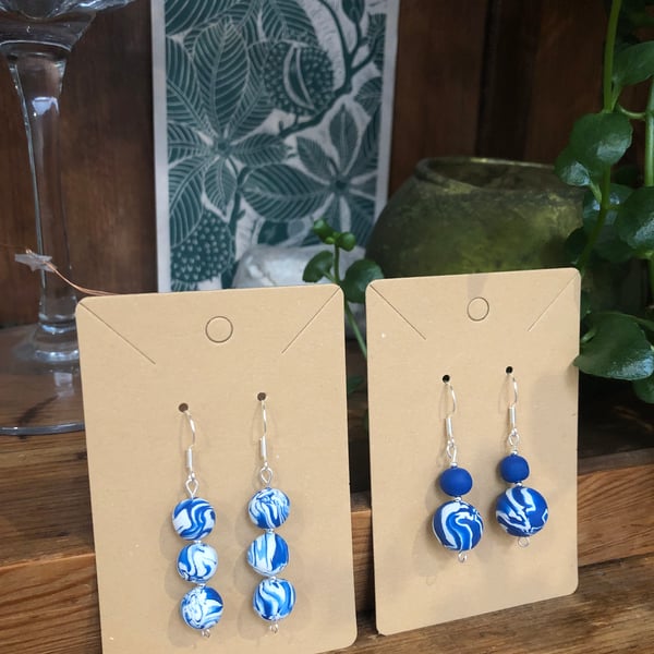 Polymer Clay White and Blue Spiral Earrings