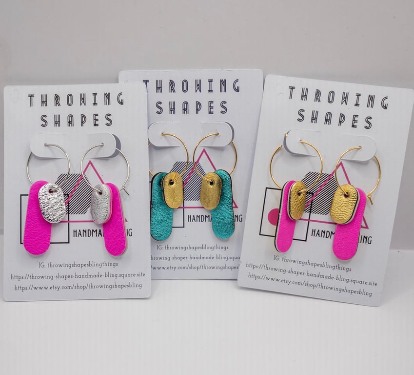 Lightweight layered dangle earrings, neon pink and gold, various colours