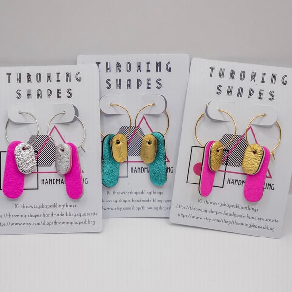 Lightweight layered dangle earrings, neon pink and gold, various colours