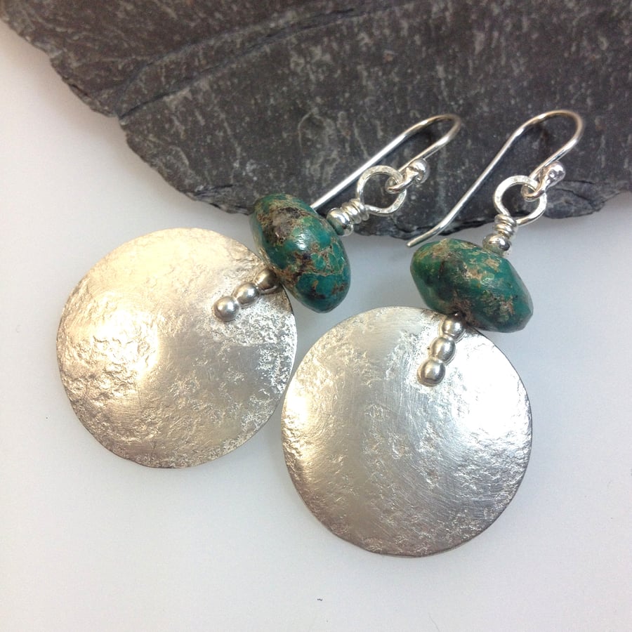 Large round silver and hand cut turquoise earrings 