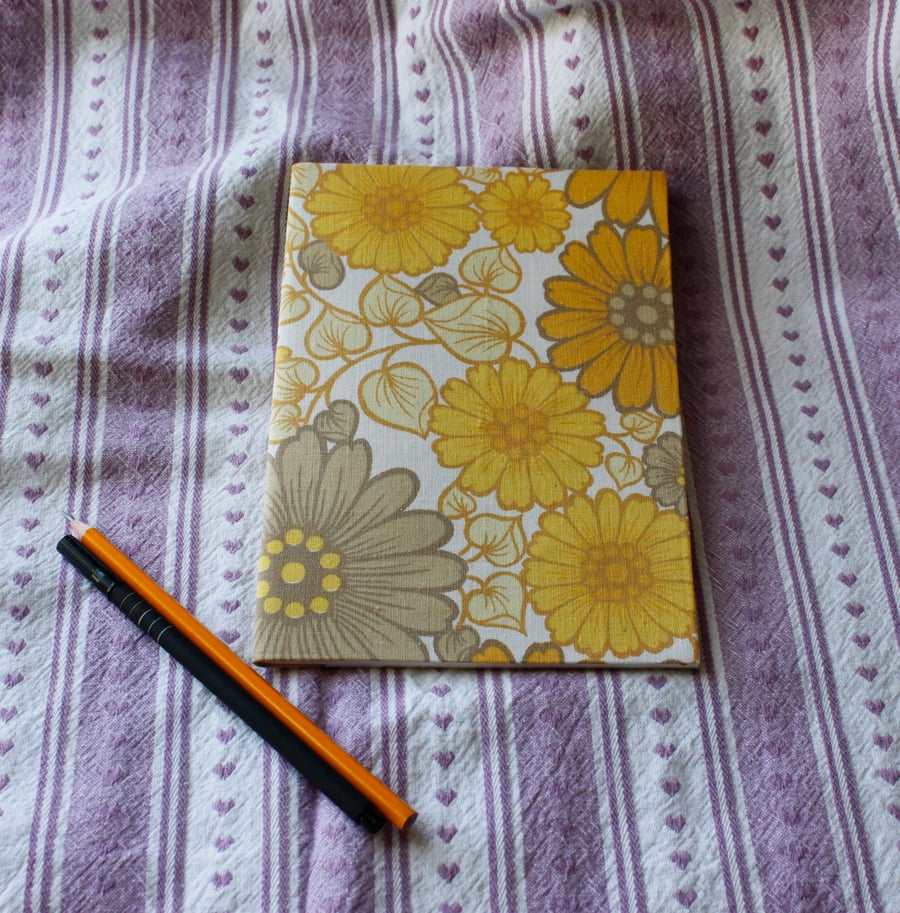 Fabric covered notebook or sketch pad - retro yellow flowers