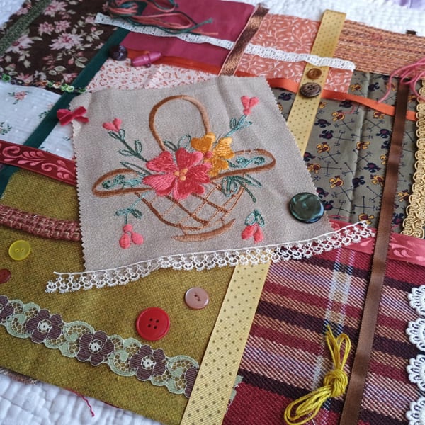 Autumn Basket Inspiration bundle - vintage floral slow stitching textile art kit