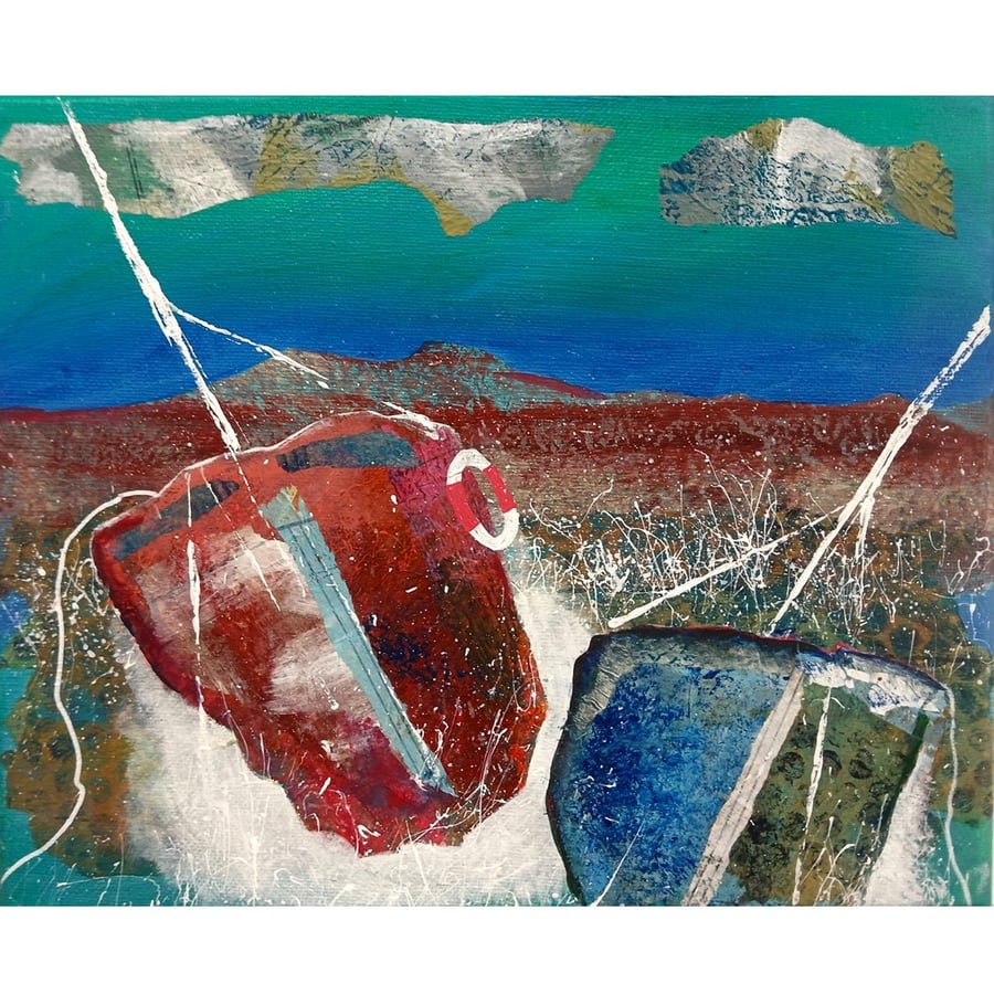 Abstract Boats Painting Coastal Artwork Abandoned Sailboats on Canvas Art