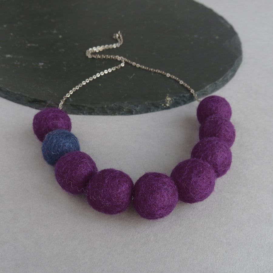 Chunky Dark Purple Felt Bead Necklace - Big Aubergine Felted Ball Jewellery